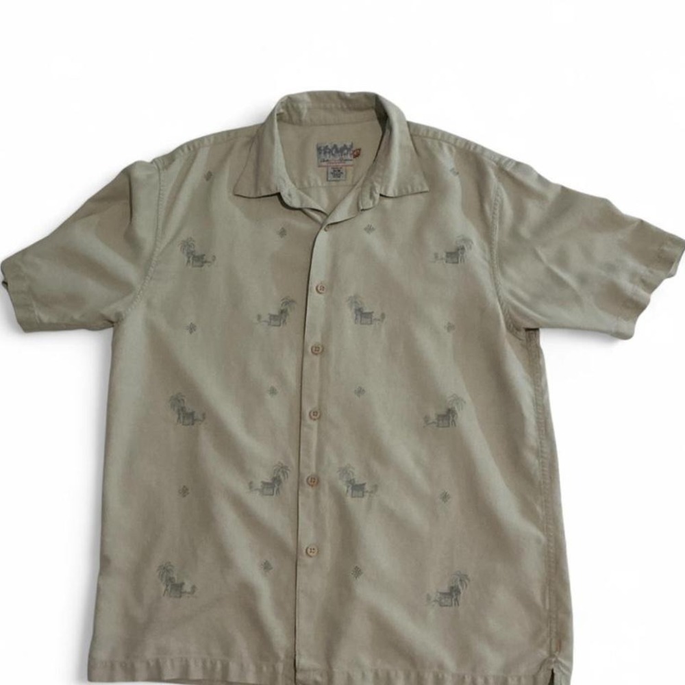 Quiksilver Premium Edition Shirt Mens M Khaki Excellent Silk‎ Blend Embroidered